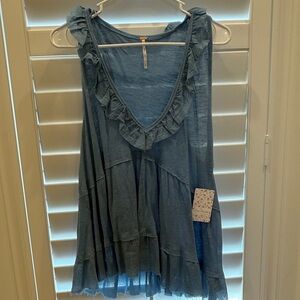 Free People Blue Ruffled Tank Top
